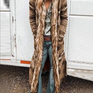 Knee Length Aztec And Fur Cardigan